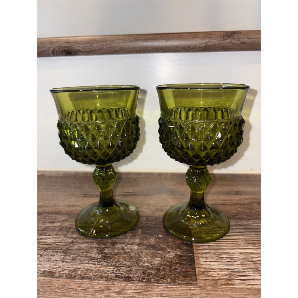 Indiana Glass Diamond Point Avocado Water Goblets 2 Piece